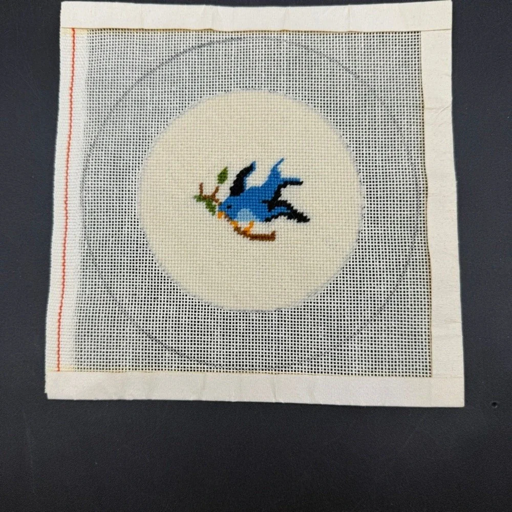 Vintage Needlepoint Bluebird Canvas Art Home Decor Small Blue White Bird Cottage